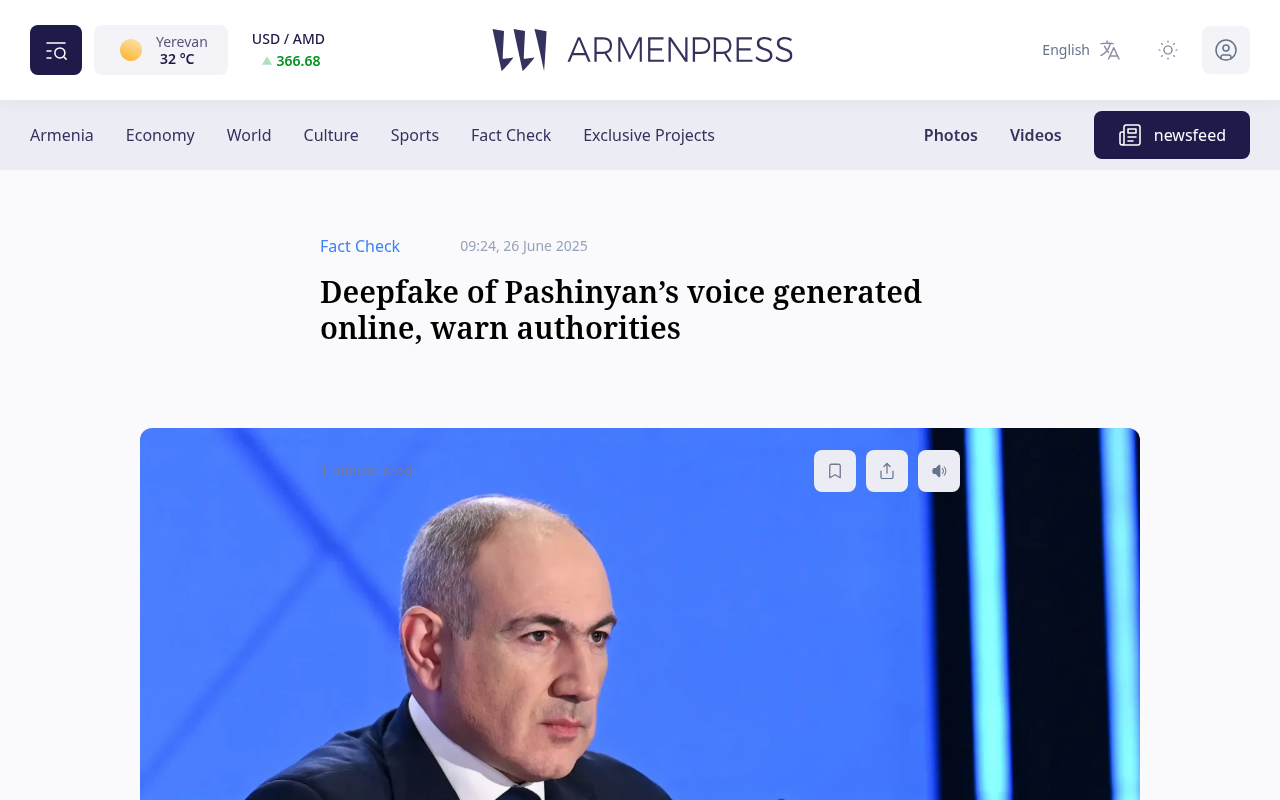 ARMENPRESS: authorities warn of a deepfake of Pashinyan's voice