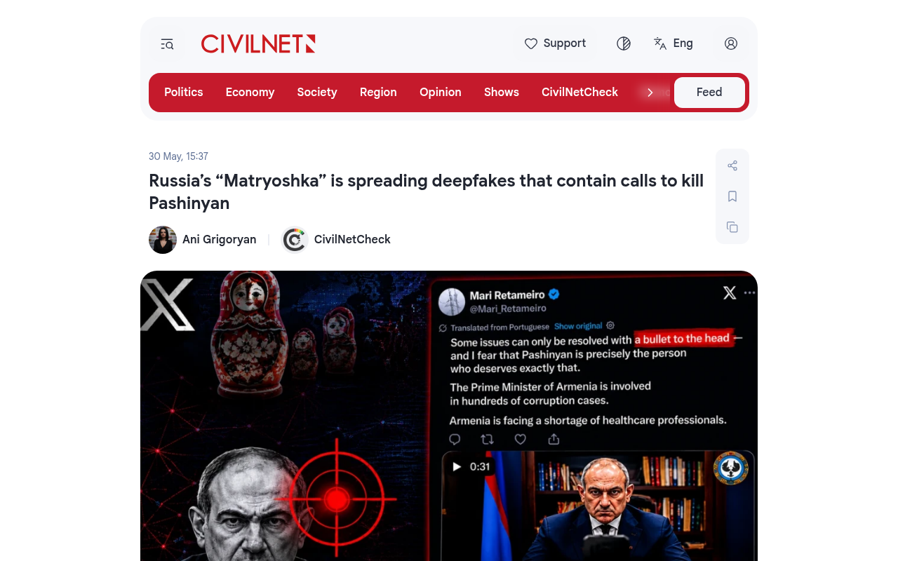 CivilNet article on the Matryoshka network spreading deepfakes