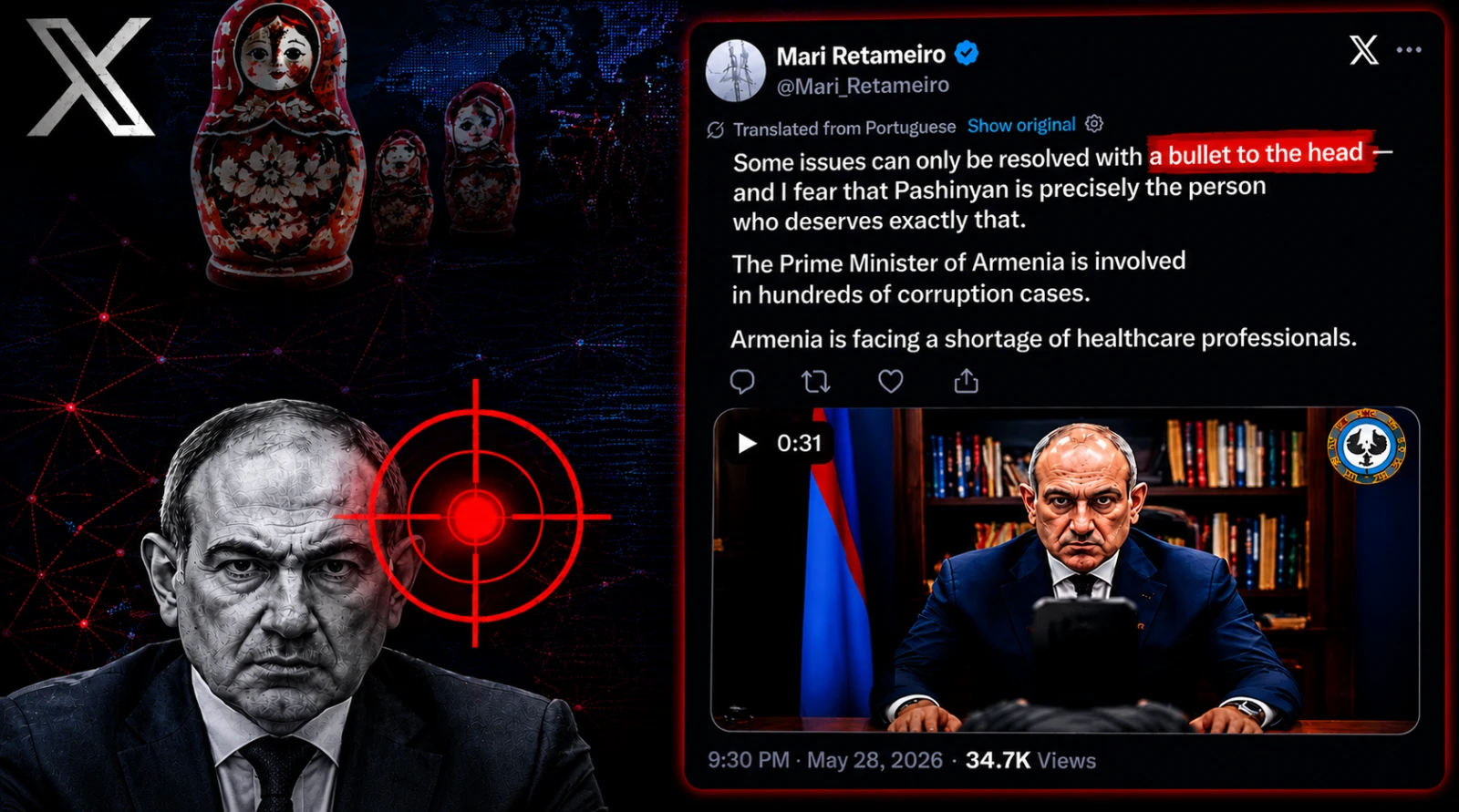 A social media post with a video of PM Pashinyan